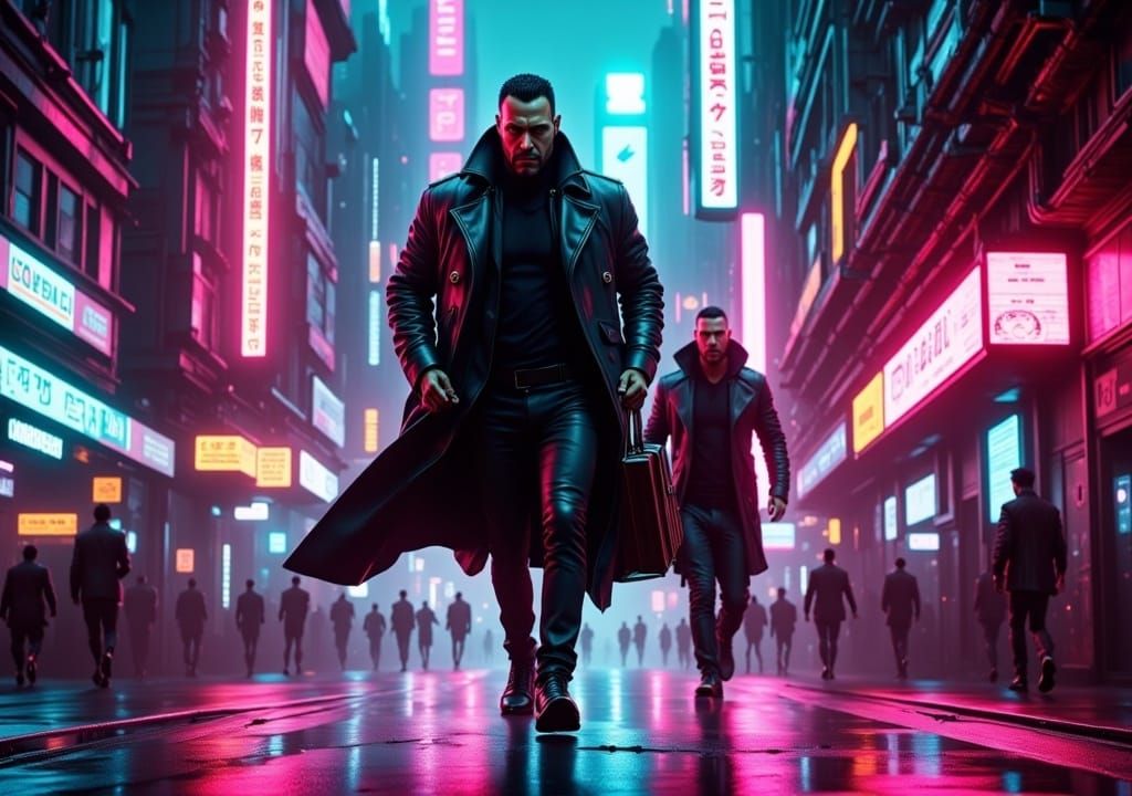 <lora:Cyberneons:1.0>Insanely detailed photorealistic, portrait of a hard boiled detective  running away from a bad guy in a cyberpunk city....