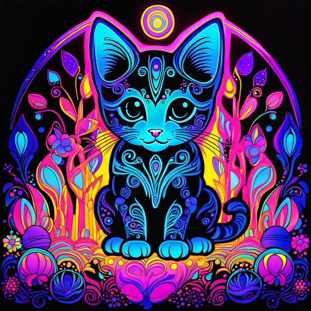 Black Light Fractal Kitten: Kawaii UV Fantasy Art