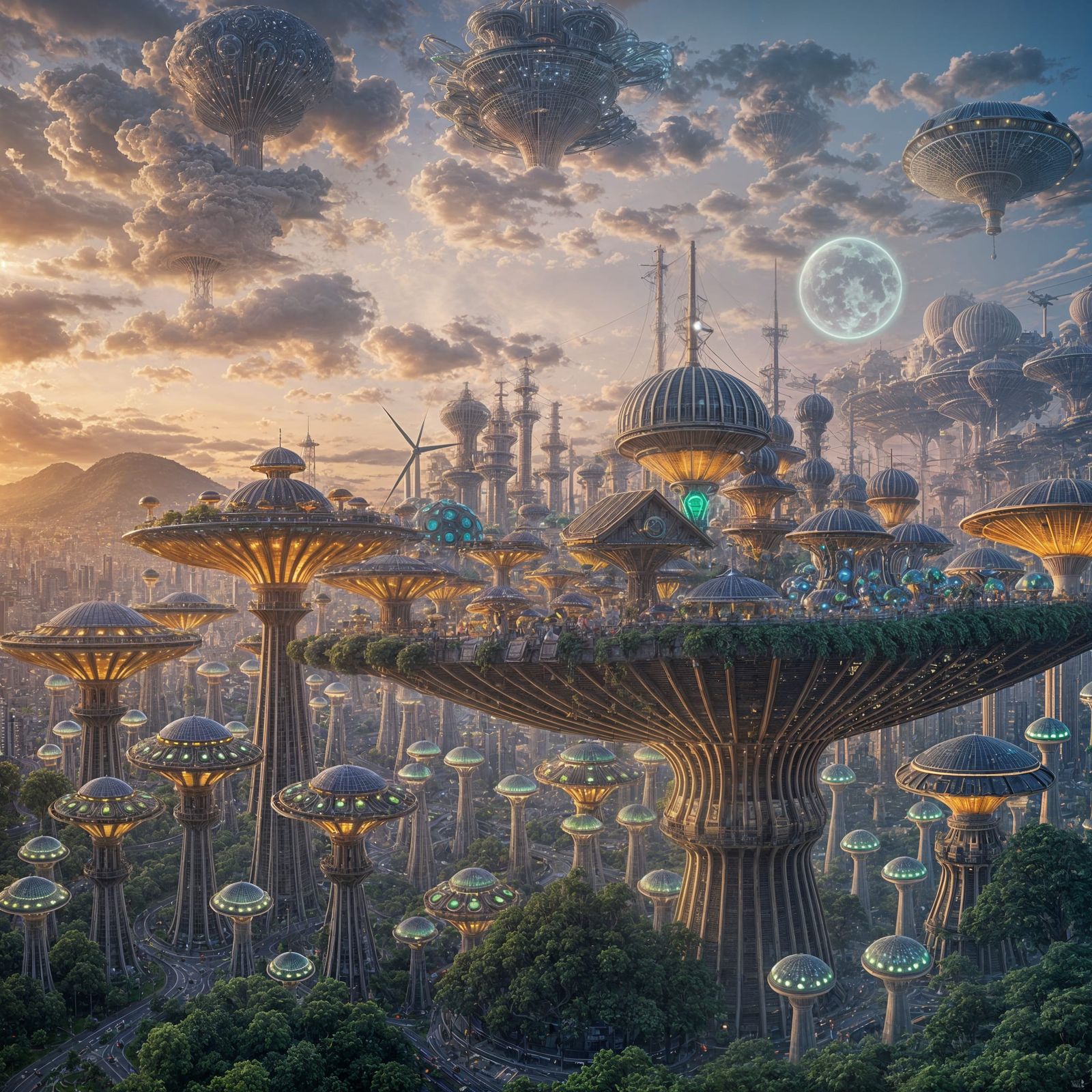 A solarpunk city floats among giant bioluminescent mushrooms. Medium shot. The city is powered by renewable ...  by @Paul Snipes
