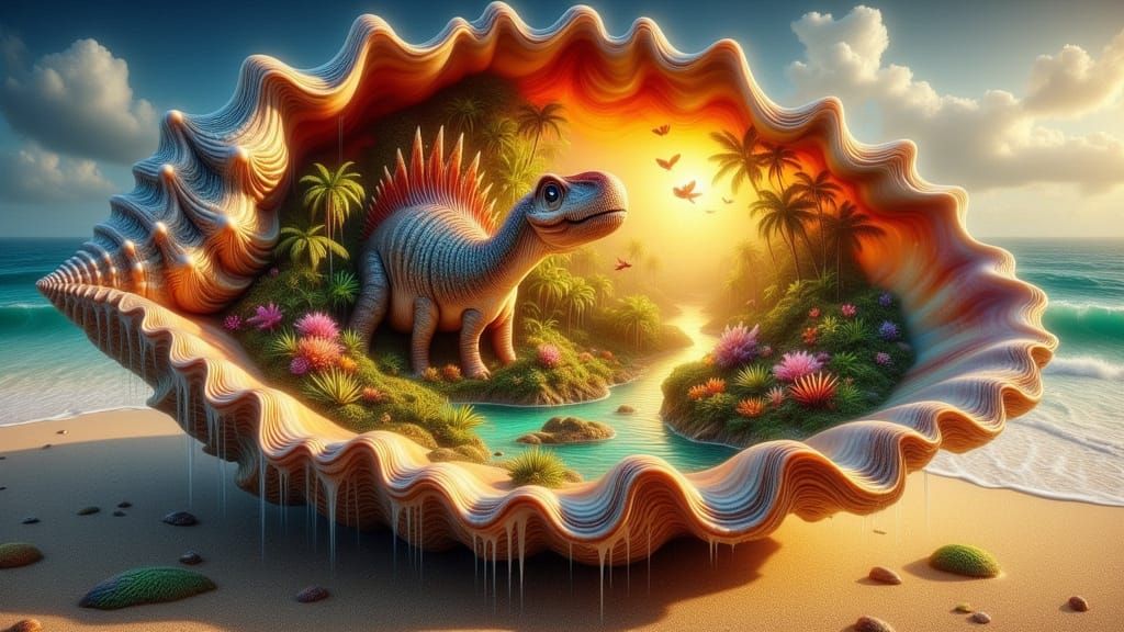 close up a conch sea shell on a beach. inside is prehistoric world with primary forest and dinosaurs. <lora:FiosFantasyS...