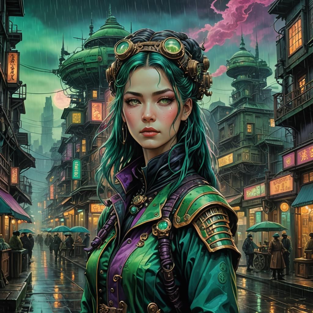 Medium shot of a female sci-fi protagonist in a steampunk ci...