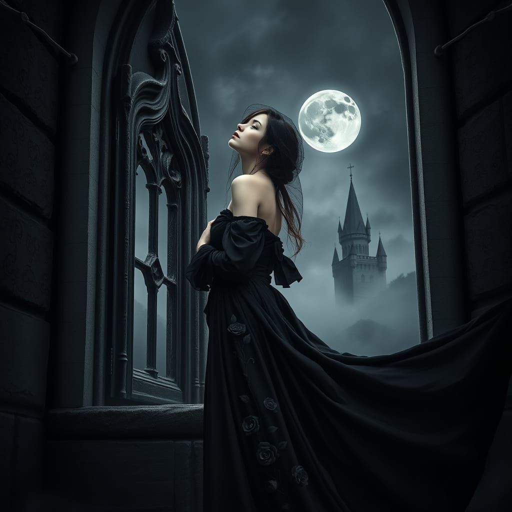 Ethereal Gothic Woman Under Full Moonlight