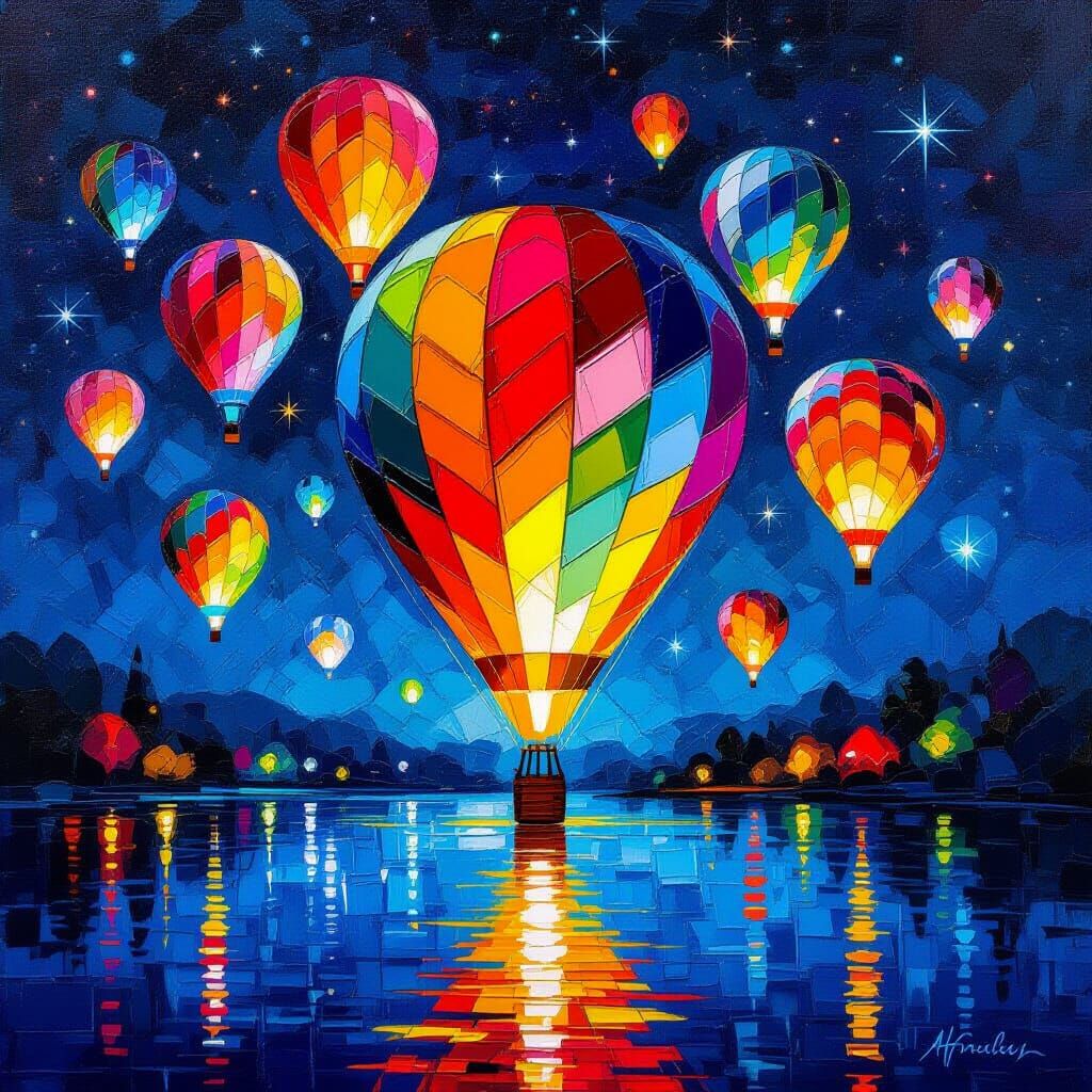 "A nighttime hot air balloon festival, dozens of balloons glowing against a deep indigo sky filled with ...  by @Miss Warbucks