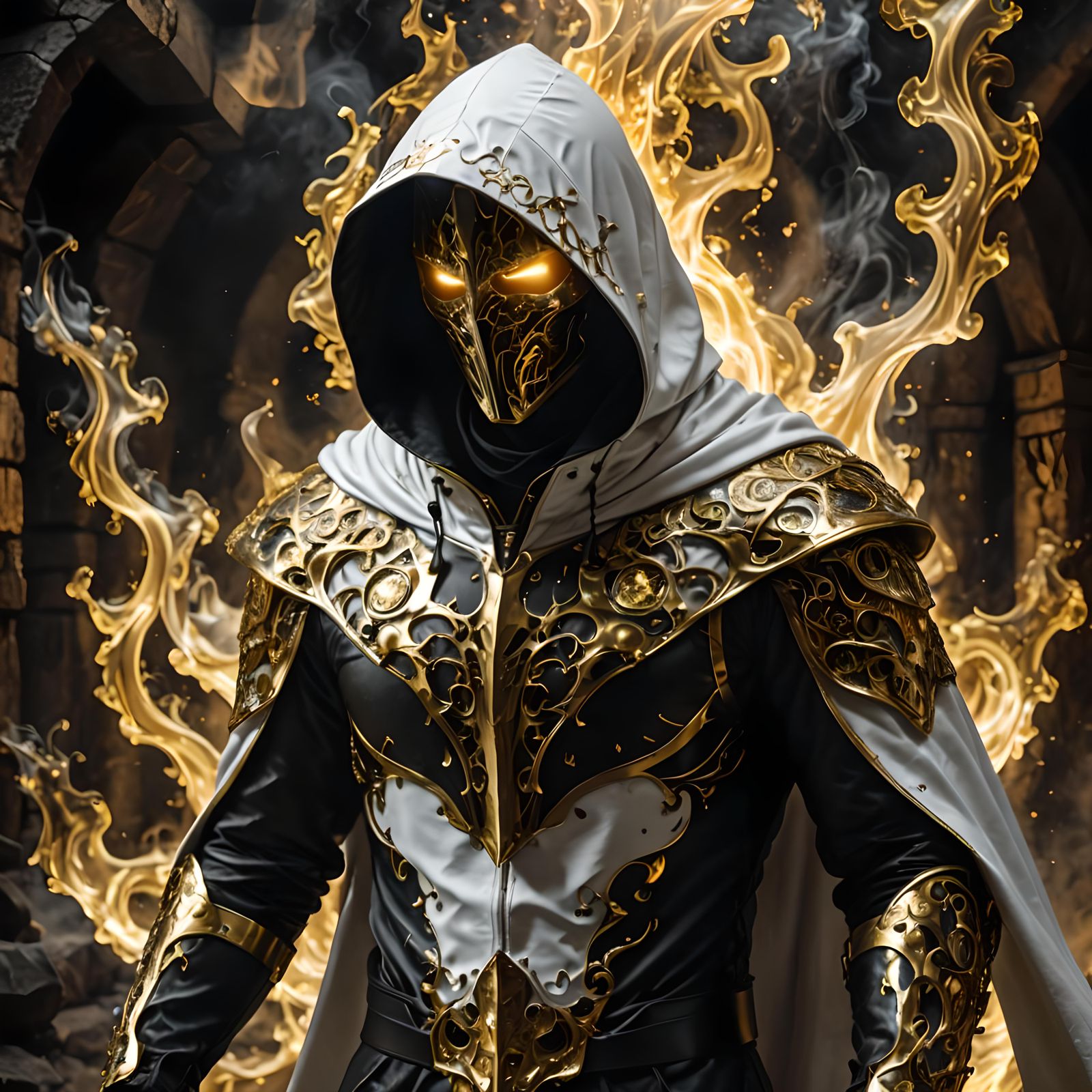 Dark fantasy, shadow knights, (( white and gold plug suit, black smoke in plug suit)), (burning eyes:1), ...  by @undefined