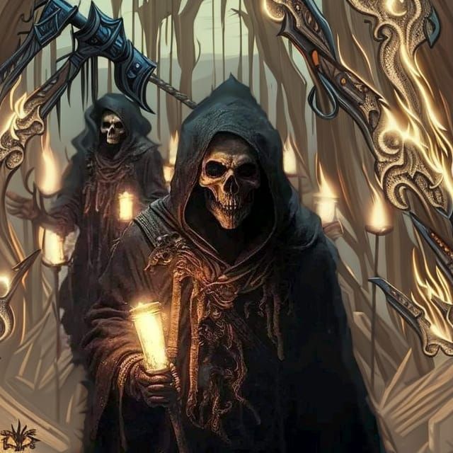 Skull faced reapers carrying torches, through a medieval vil...