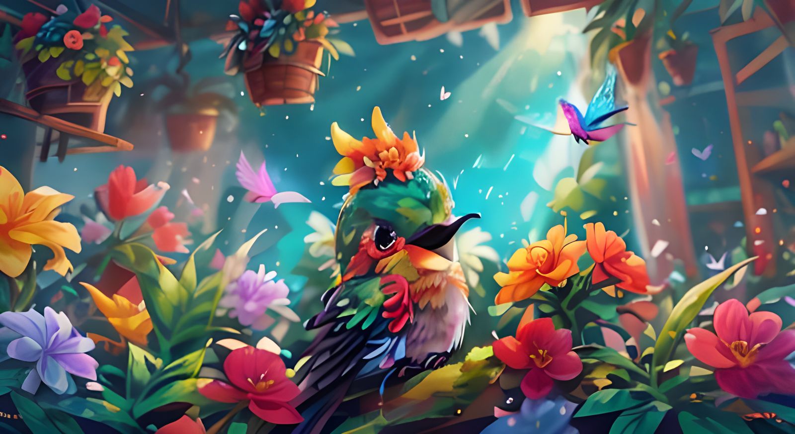 <lora:humming bird:1.0> A tiny cosmic colored hummingbird in...