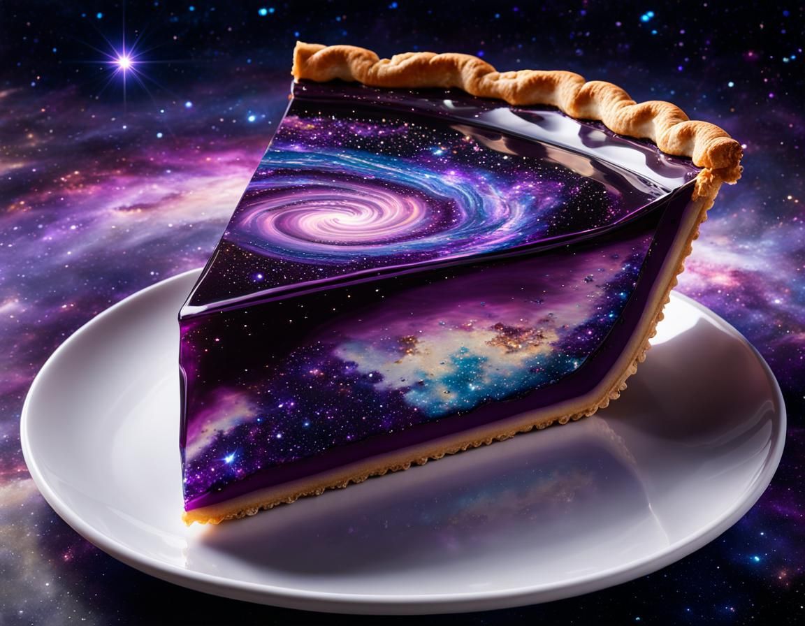 a gorgeous glass pie slice with the purple galaxy inside, planets and stars inside it, crystals, amethysts, ...  by @Spearmint