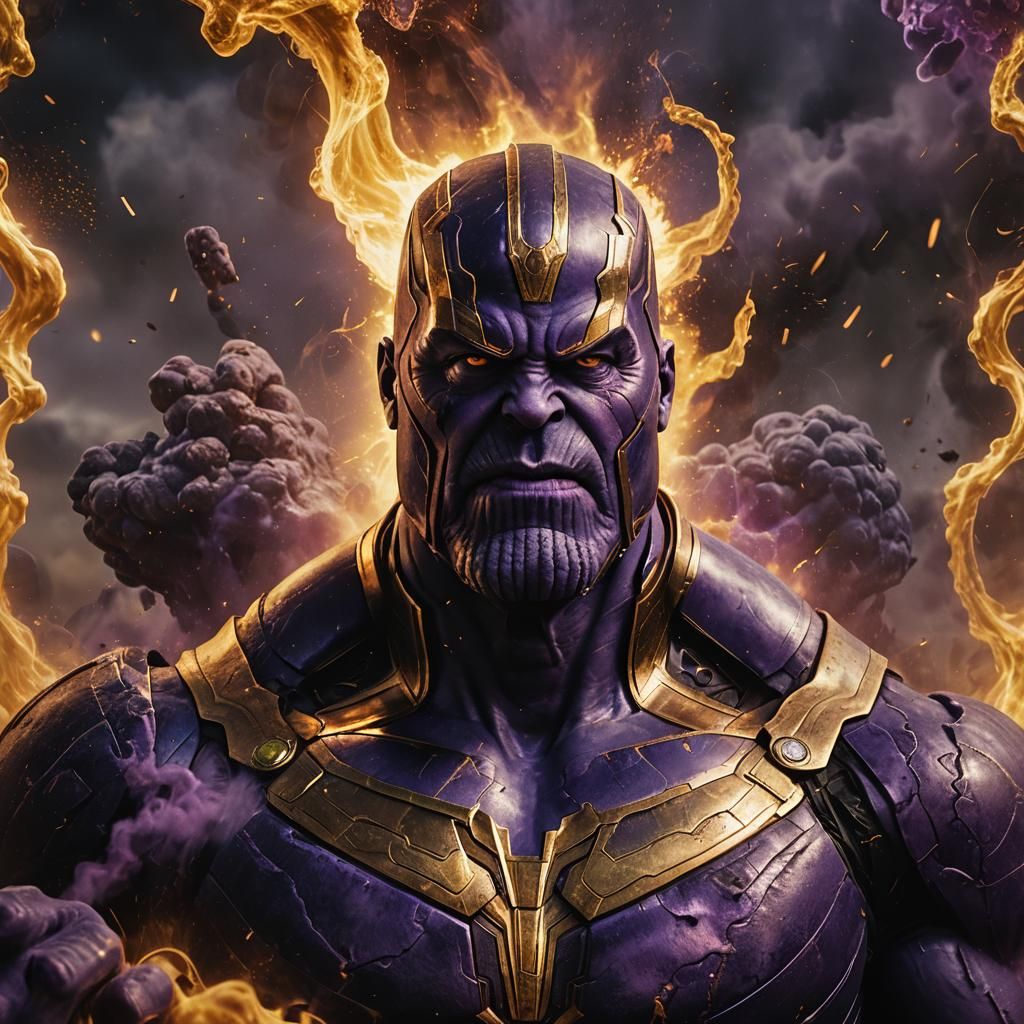 mad thanos with steam coming out of his ears, detailed matte painting, deep color, fantastical, intricate detail, splash screen, complementa...