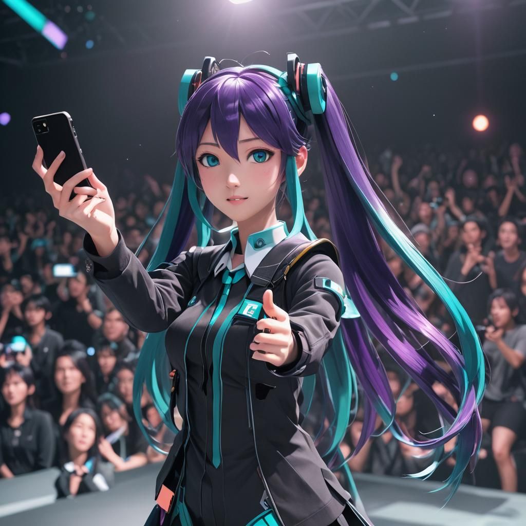Hatsune Miku with dark purple hair taking a selfie on stage.
