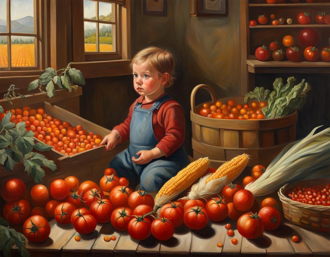 oil painting depicting toddler farmer in a room filled with ...