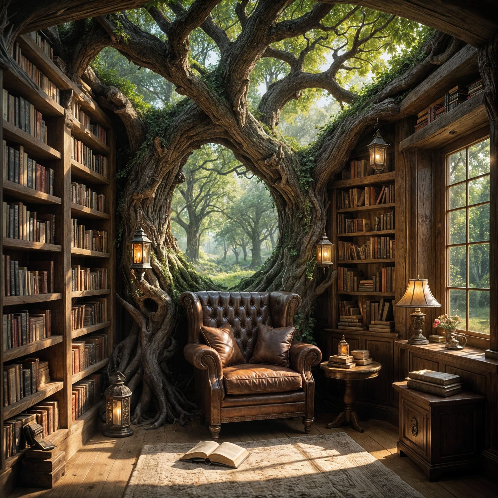 A cozy reading nook built into the hollow of an ancient, gnarled oak tree. Bookshelves are carved directly ...  by @Cabbits