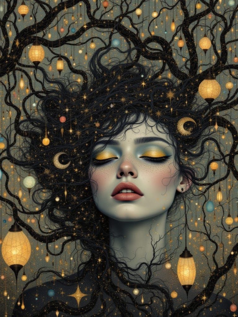<lora:Luxaria:1.0> A surreal portrait of a haunting Dreamer, with big eyes reflecting starlit arches. An enormous mane of hair twists into D...