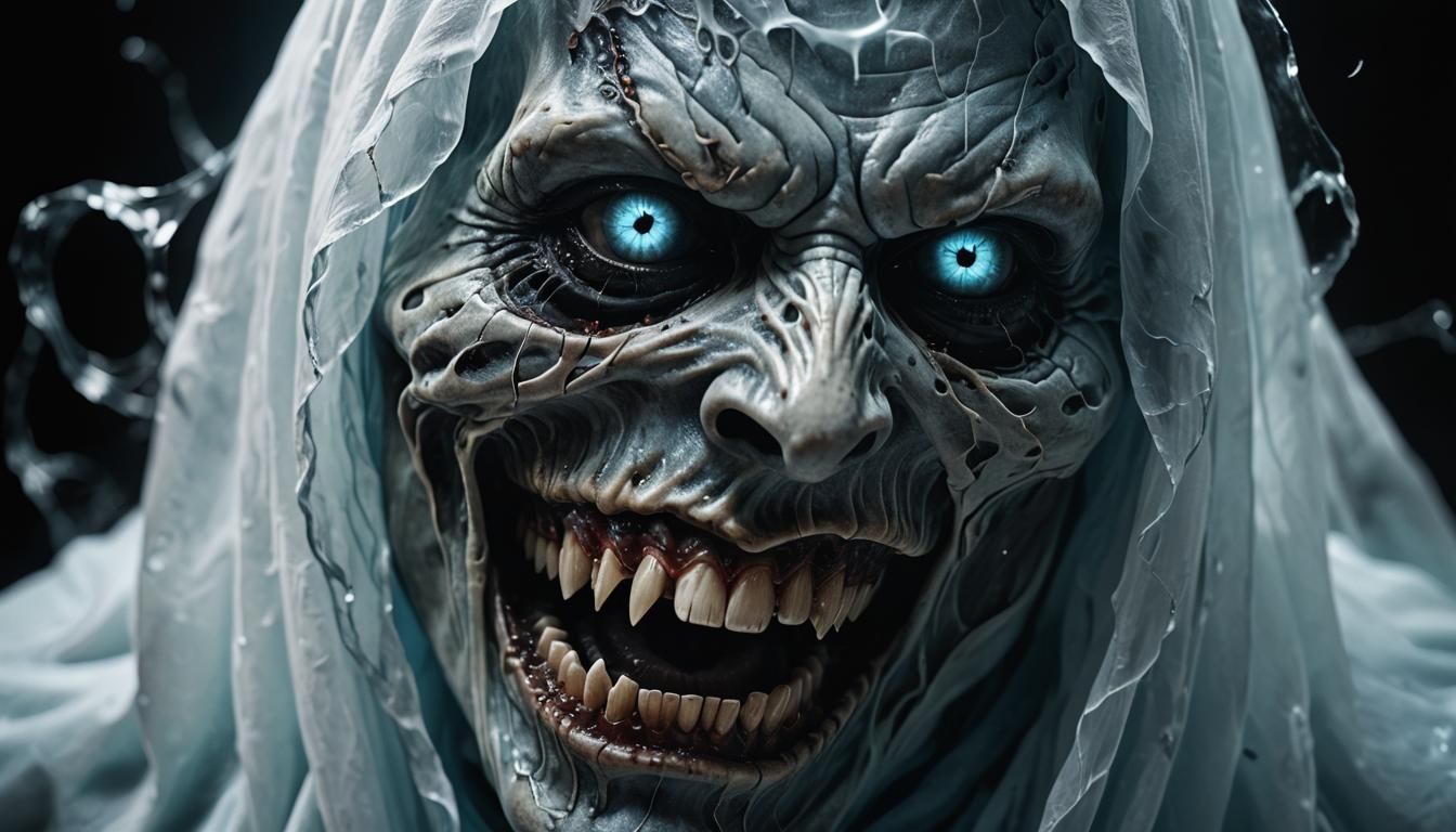 A Hyper Realistic, horrifying ghost portrait that captures the essence of a malevolent spirit. The ghost should be depicted as an ethereal,...