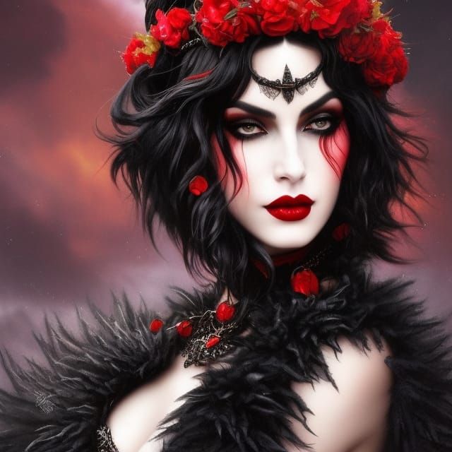 gothic black hairy beauty, Snow White style, black hair, red lips, dark ...