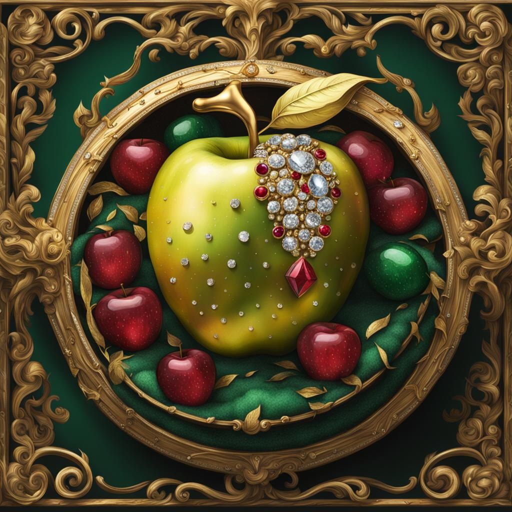 realistic golden apple studded with diamonds, emeralds, rubi...