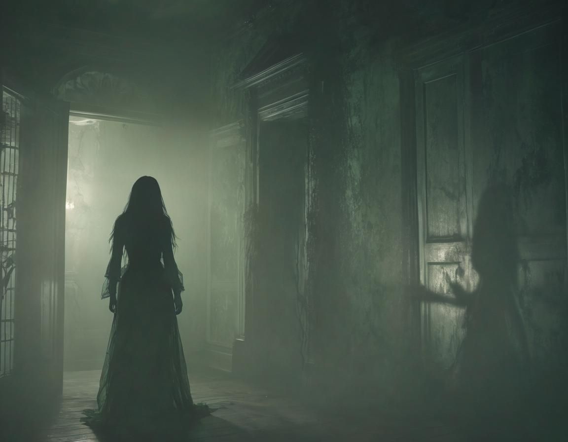 In large room of haunted mansion, thin female shadow with lo...