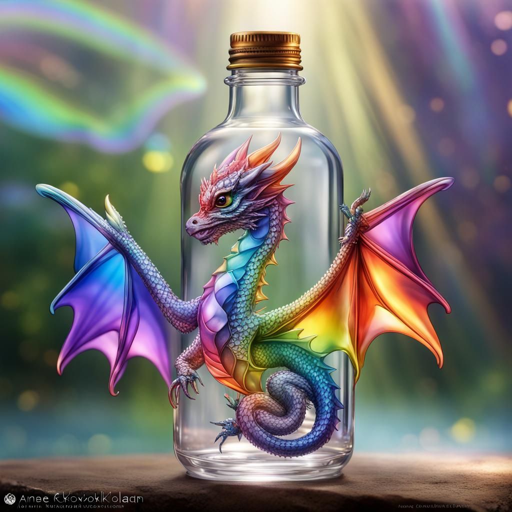 Crystal clear bottle with a rainbow baby dragon, cute chibif...