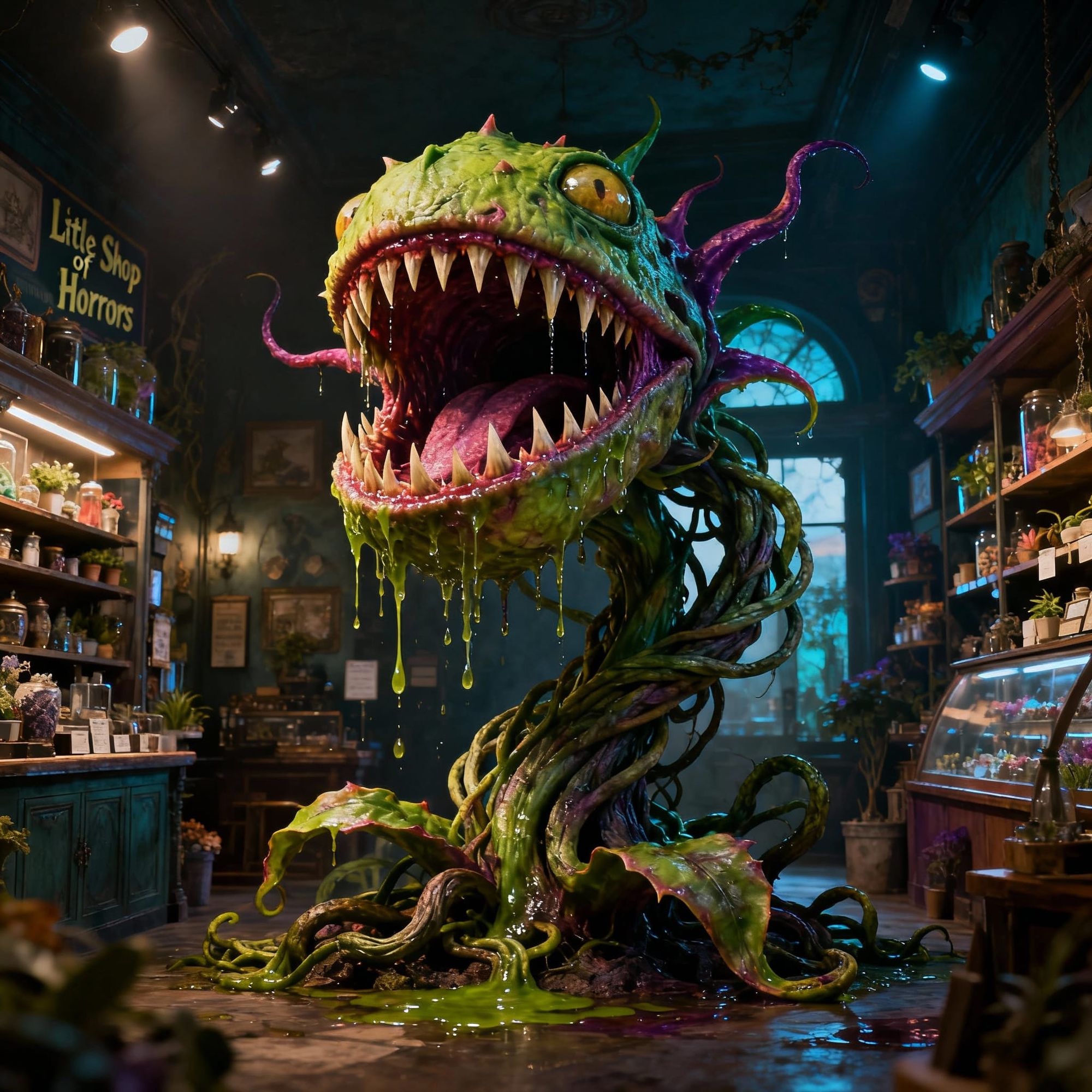 Little Shop of Horrors giant plant that eats people detailed matte painting, deep color, fantastical, intricate detail, splash screen, compl...