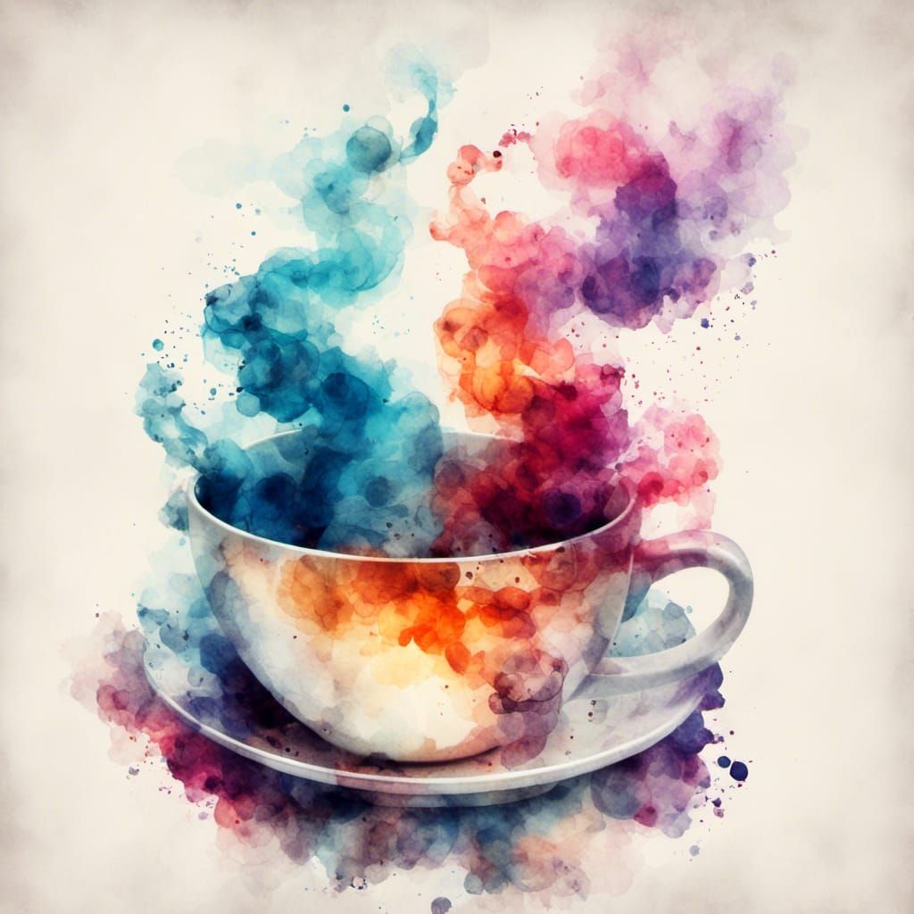 <lora:MJ6 Watercolor DE:1.3> double exposure of Coffee cup and steam on a white background, stock vector illustration, modern surrealism-in...