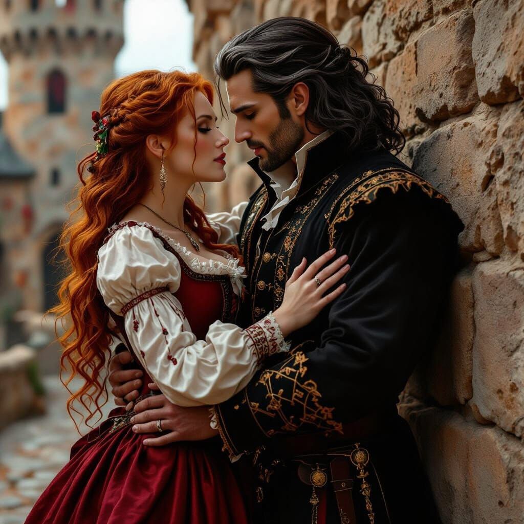Renaissance Vampire Kisses Woman Against Castle Wall