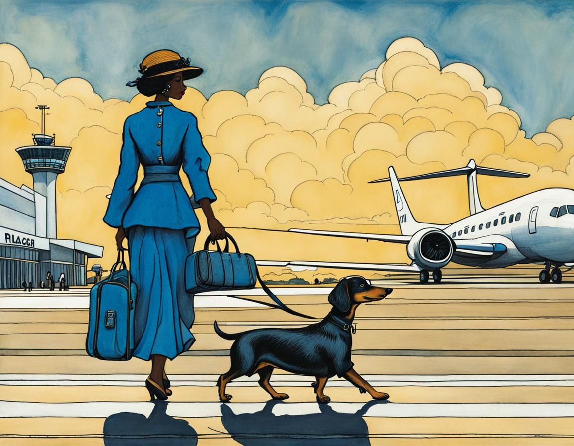 Woman with a valise walking a dachshund at the airport in Mo...
