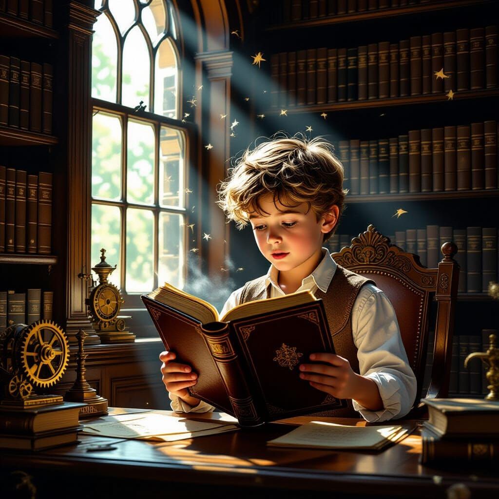 A young boy in a dimly lit Victorian library, engrossed in an ancient, leather-bound tome. Dust motes ...  by @Yossi Follow me Im following