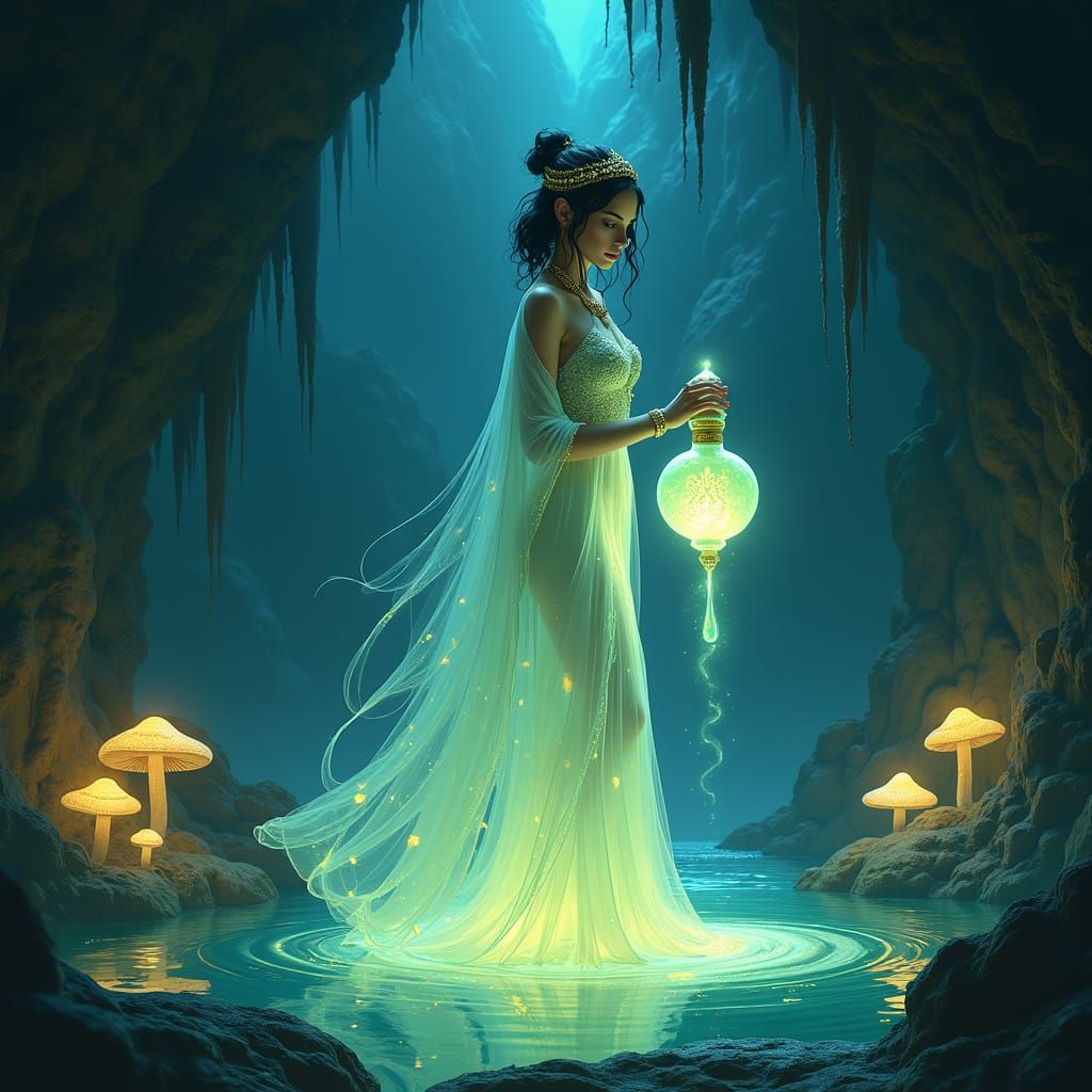 A DnD-style image of a female genie in a bottle warlock, eme...