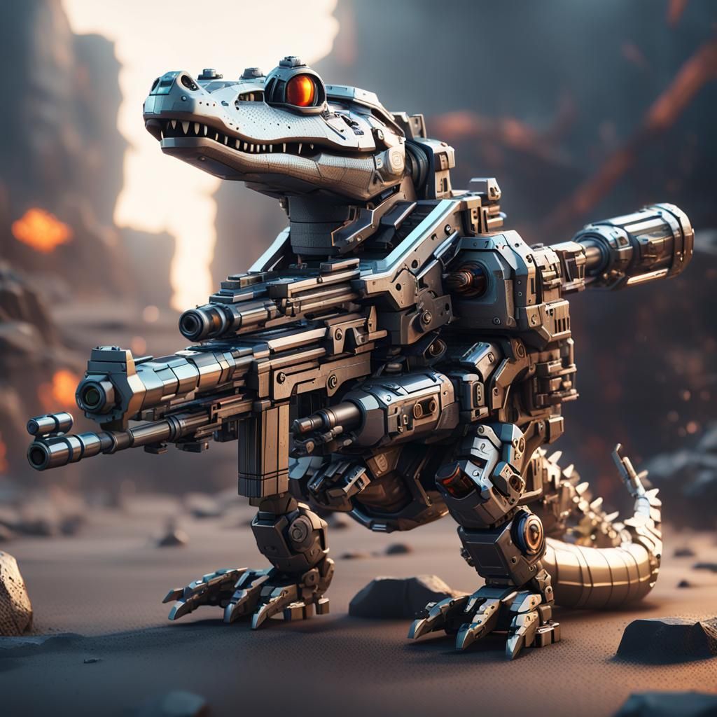 A krokodile holding a mini gun