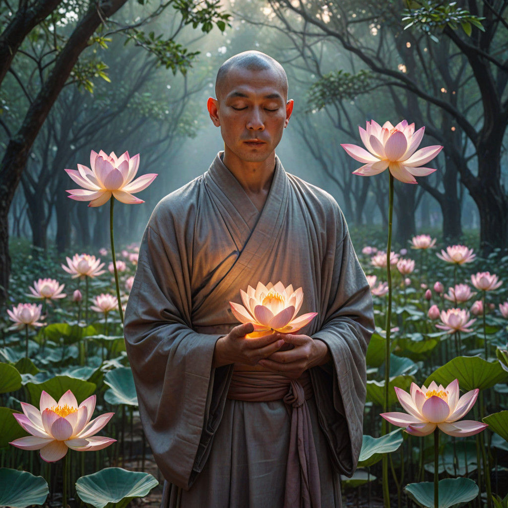 Surrealist Buddhist Monk in Ethereal Landscape