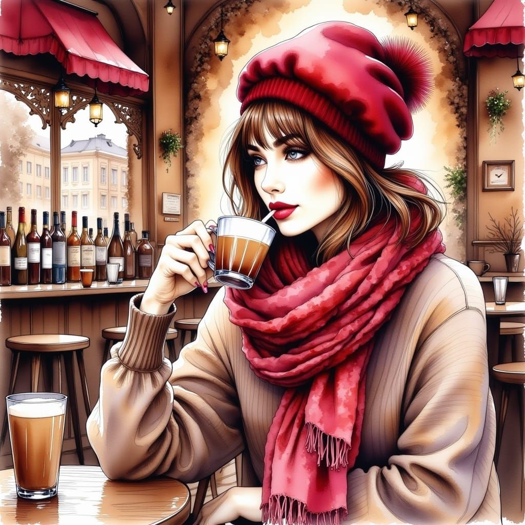 <lora:InkDrawingflux:1.0> ""A stunning woman, brown hair with a thick wool shirt, a hot wool cap, chiffon flowering scarf on her neck, in a...