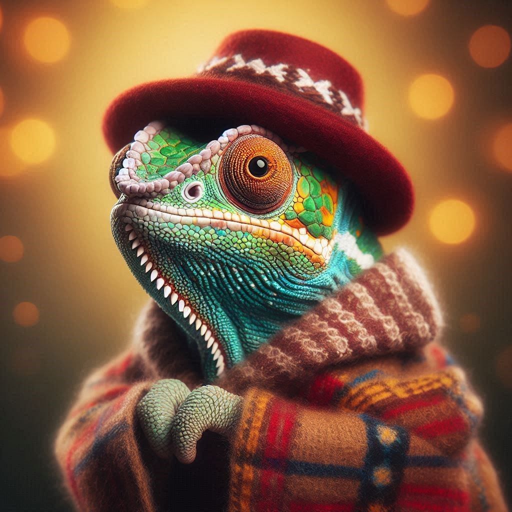 Portrait of a chameleon in a coat and hat.