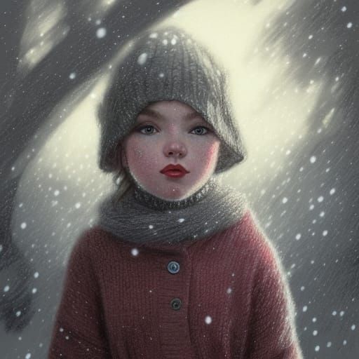 Crayon drawing. Vintage portrait, desaturated, cute in the snow, wearing whool swester,vhunky knit, pink cheeks, freckle...