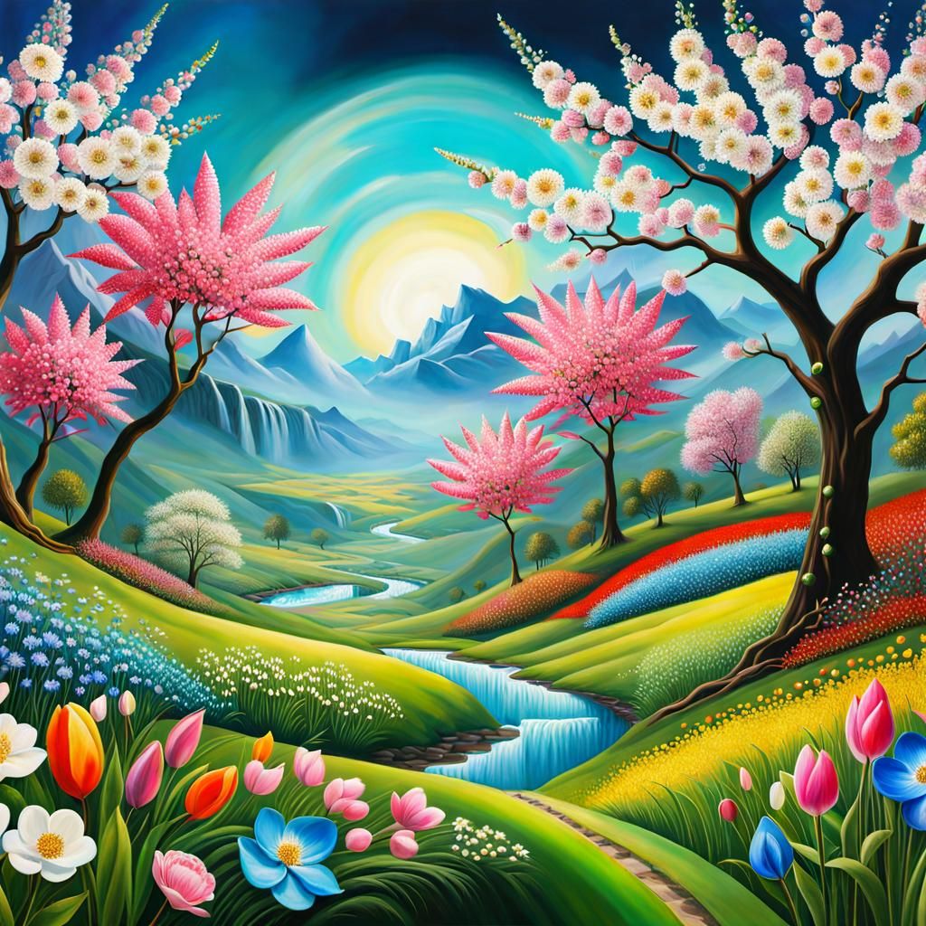 “Spring coming to life” action painting bejeweled realism. f...