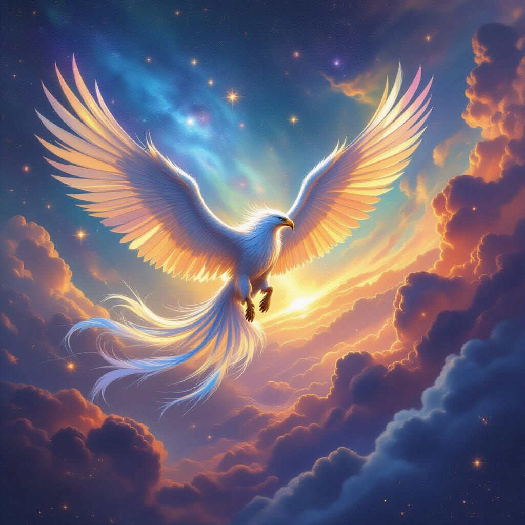 Griffin Soaring Through Nebula in Epic Fantasy Style