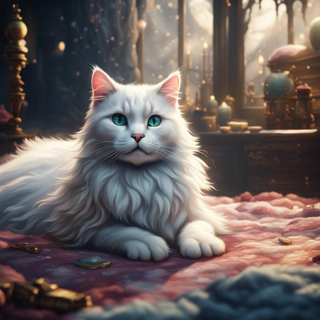 A white fluffy cat laying on bed