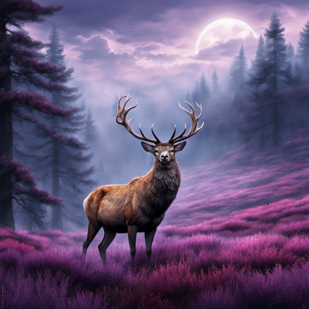Mystical Veluwe landscape at dawn, rolling purple heather fields and ancient pine forests, soft morning ...  by @Tiger princess 