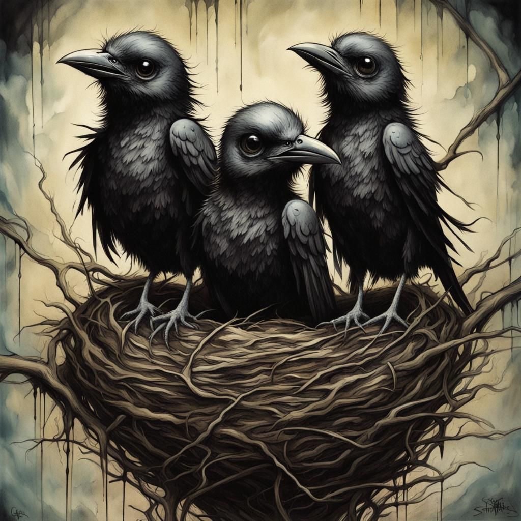 Three Little crow chicks inside a nest in art brut style By Greg
