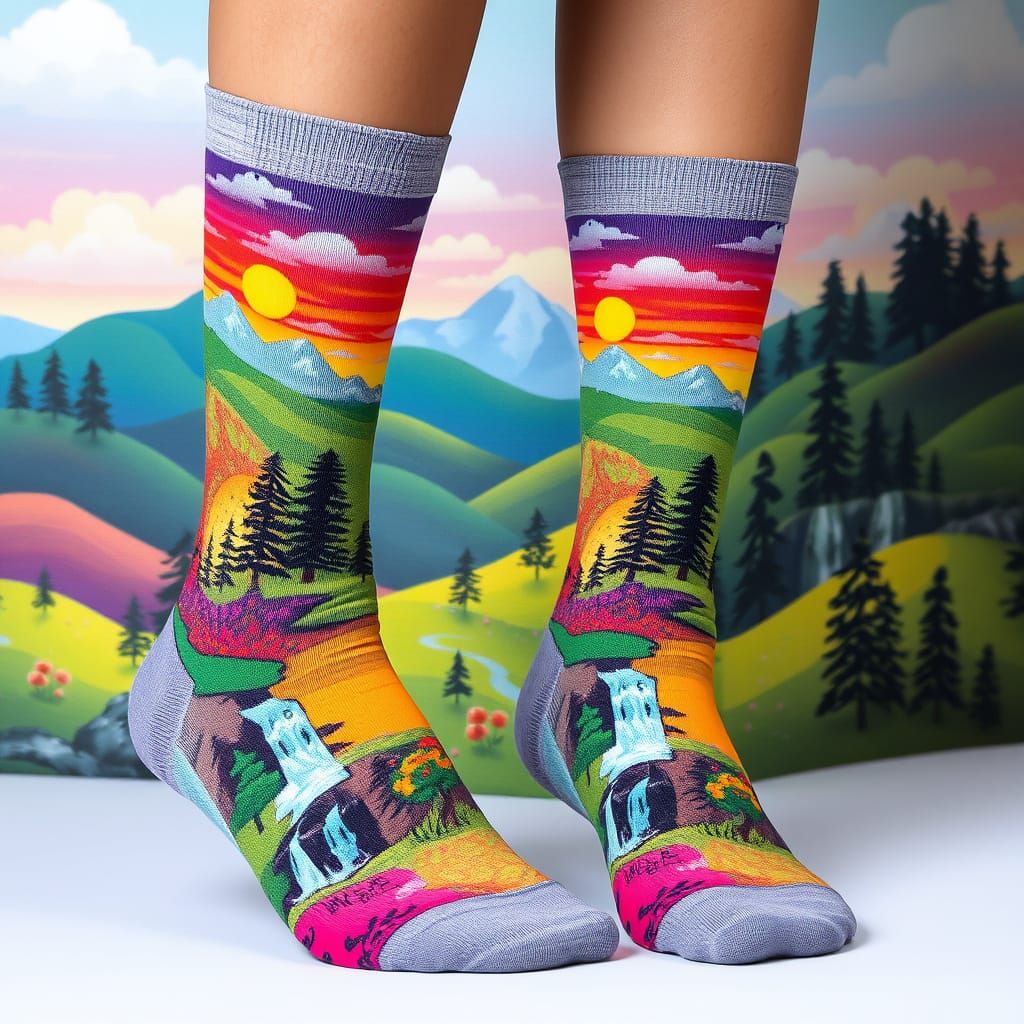 Rainbow landscape design on a pair of cotton socks  by @Rainbowdragonz