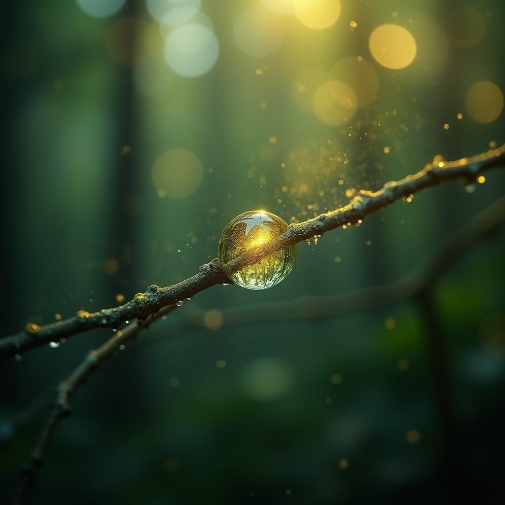 Luminous Dewdrop Reflecting a Galaxy in Emerald and Gold