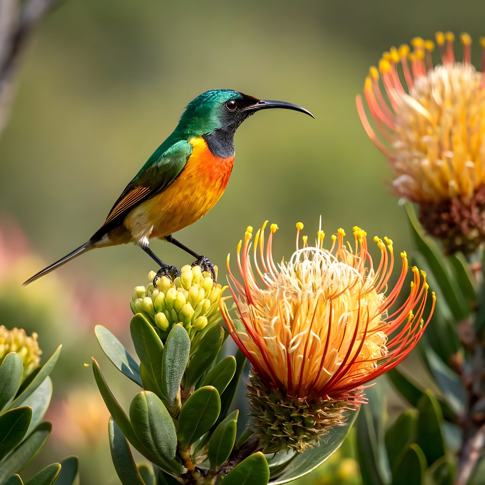 Sunbird perched on a pincushion flower  by @DeathMelonEater