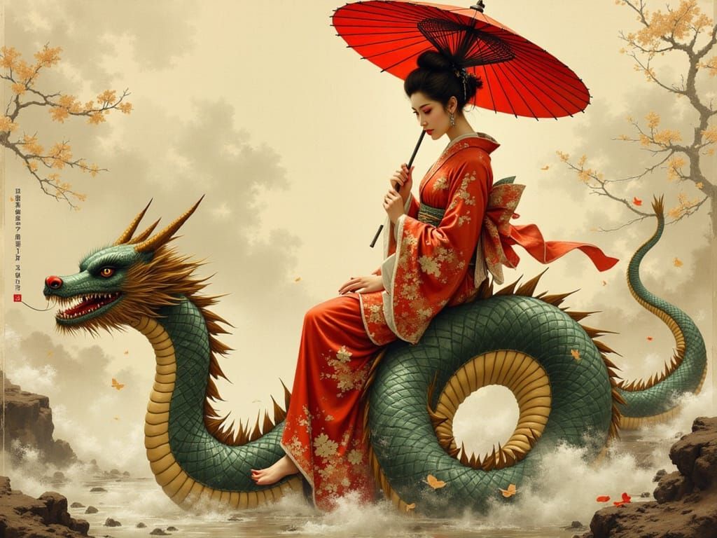 A geisha sitting atop a Japanese dragon, holding a parasol, Japanese setting, <lora:Japanese Spa Monkeys:1.0> <lora:Vintage Japanese:1.0> <l...