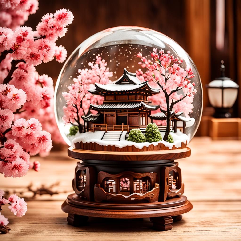 A snow globe with a small japanese city and cherry blossom trees in it