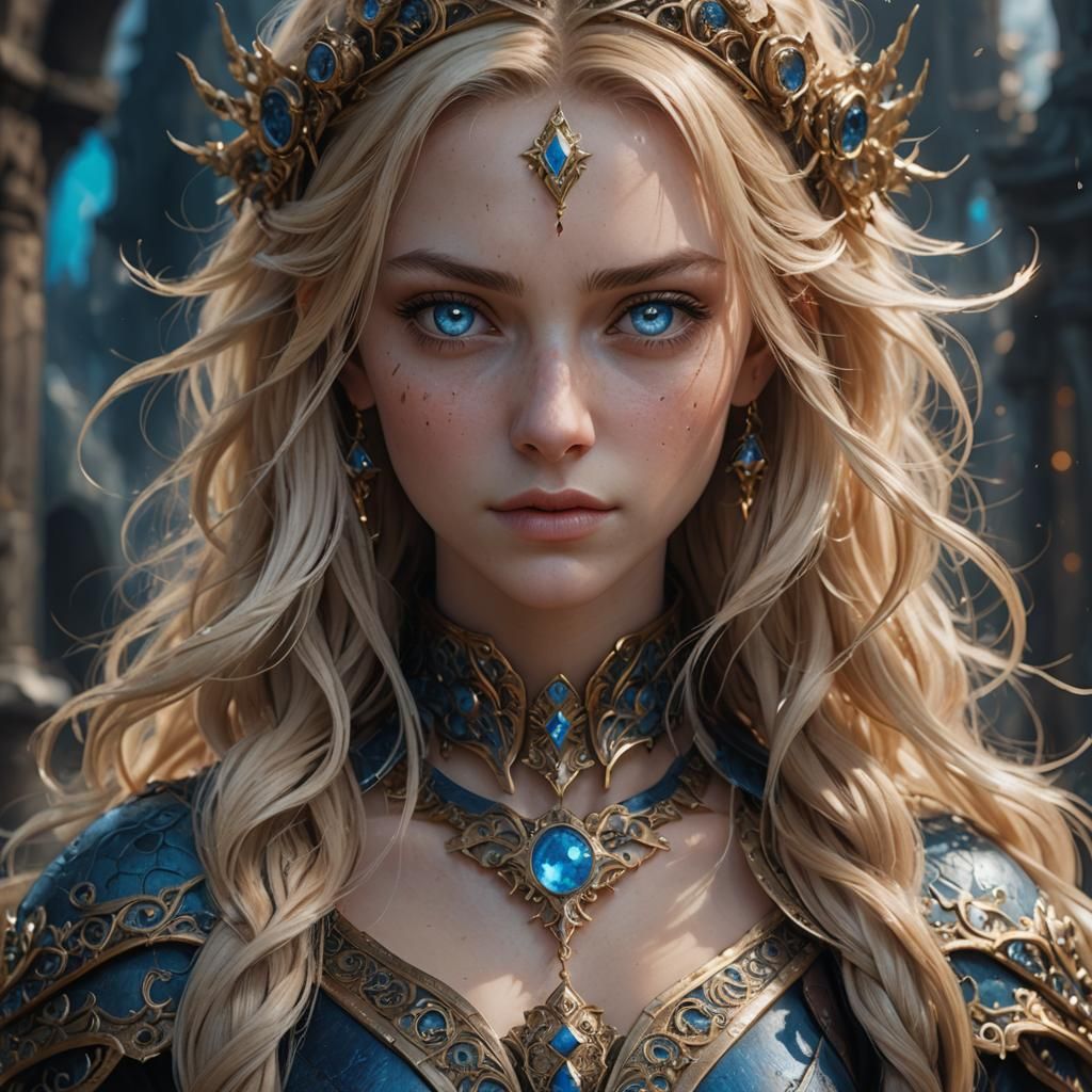 a girl with blonde hair and blue eyes