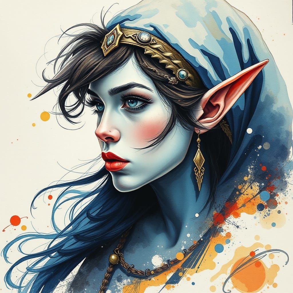 Portrait, elf, Dynamic Action, Azurite, Vintage, Grunge, Op Art, Watercolor and Pen,Elizabeth Turk, Phyllis ...  by @Kay