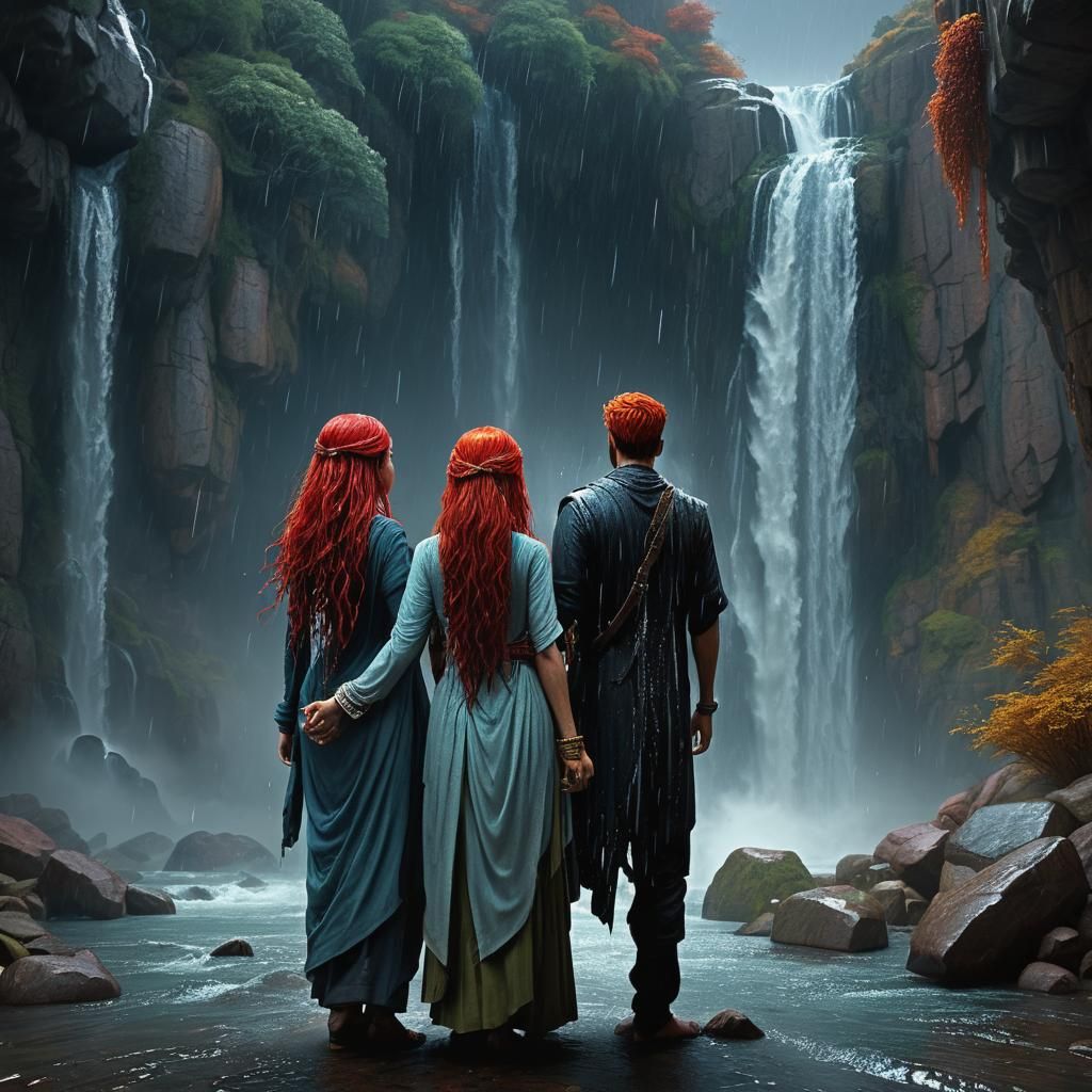 Persian waterfalls. A Persian man is standing with a woman w...