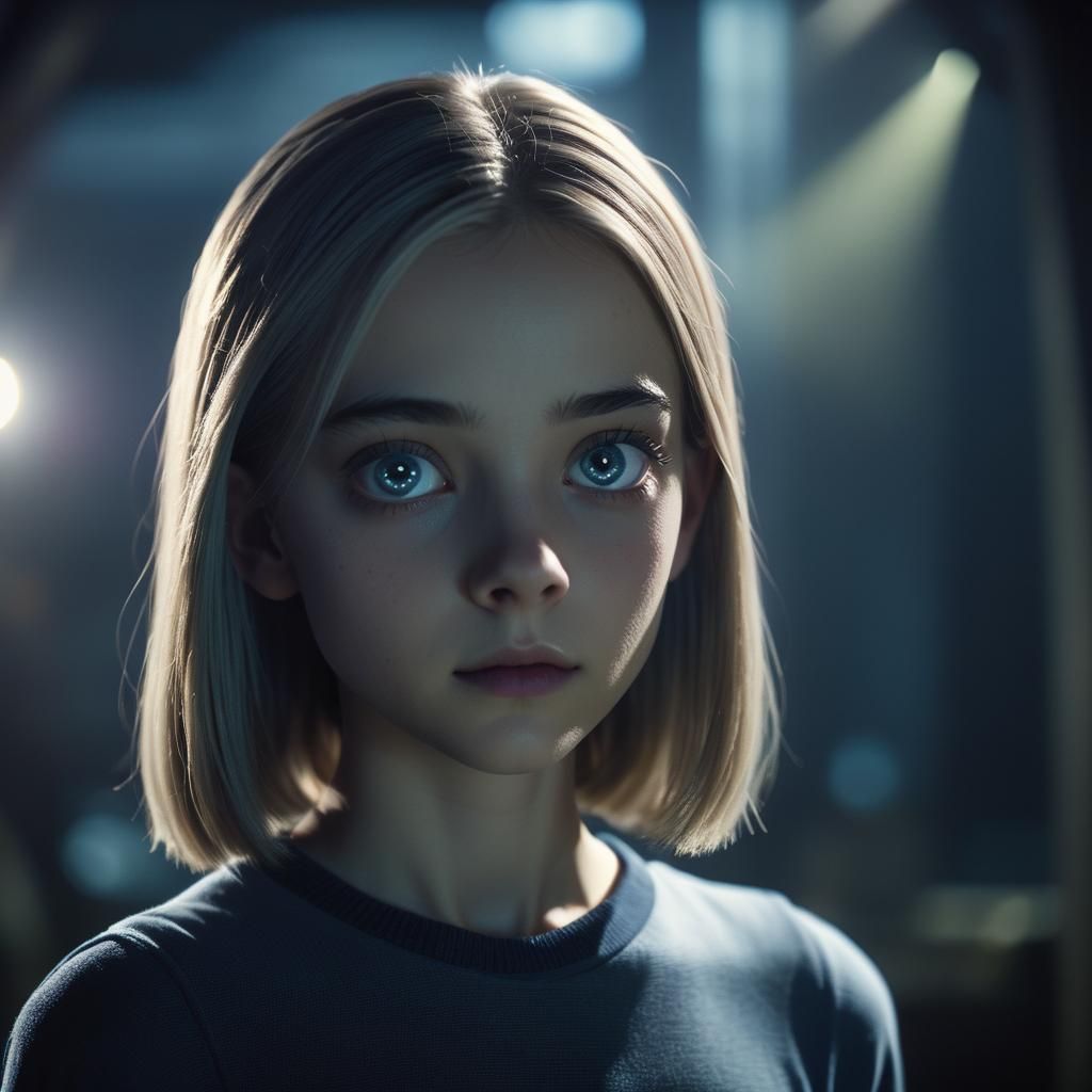 A 12-yea- old girl mixed with a "grey" alien. Her skin color is human and she has straight, shoulder-length, pale hair that is very fine. He...