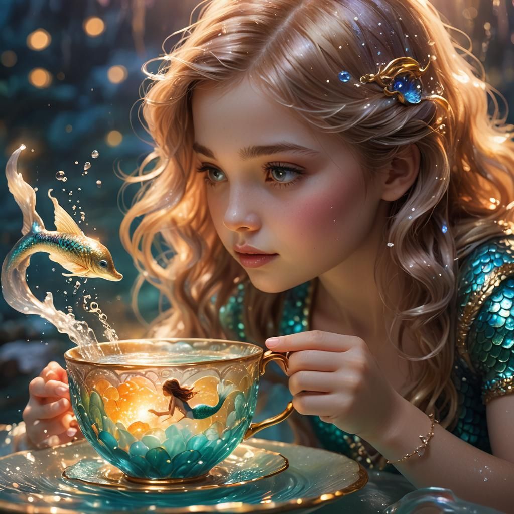 A young girl watches a beautiful sea inside a teacup with a mermaid  by @Ana