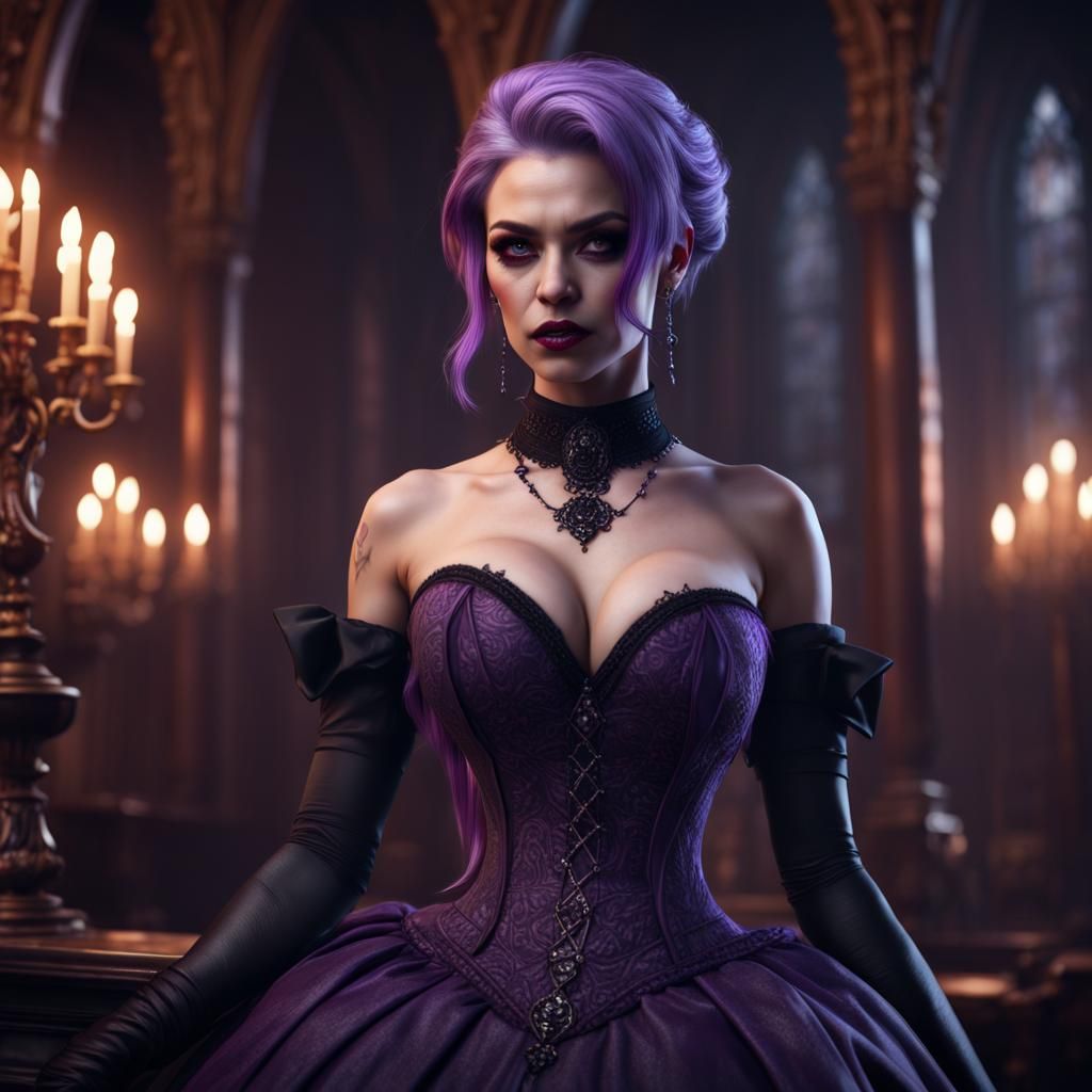 A purple haired vampire girl in a low cut purple gothic ball...
