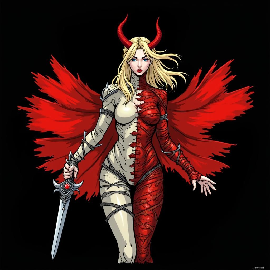A half angel half demon blond lady, with a silver sword in her right hand, adorned with red pieces of the fallen enemies clothes