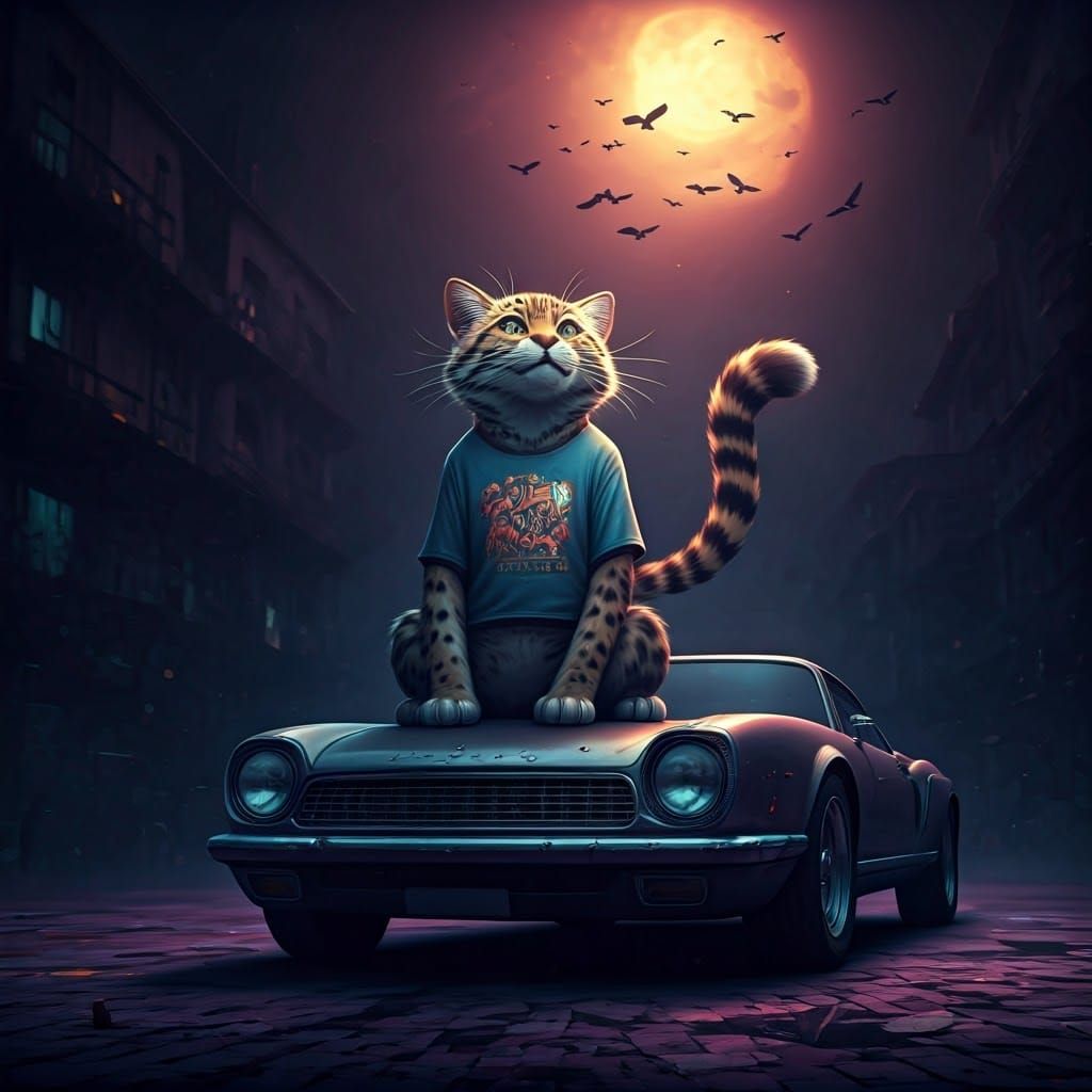 A giant DJ wild cat wearing a T-shirt, sitting on a car trun...